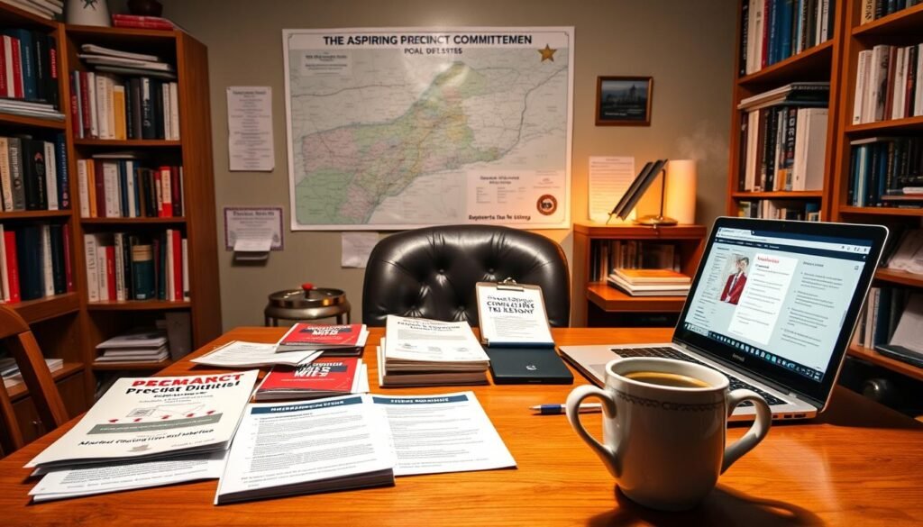 A cozy home office with a wooden desk, bookshelves filled with political tomes, and a map of the local district pinned to the wall. On the desk, an array of resources for aspiring precinct committeemen - pamphlets, handbooks, and a laptop displaying online guides. Warm lighting casts a soft glow, creating an atmosphere of engaged study and civic duty. In the foreground, a cup of coffee steams, hinting at the dedicated work ahead. The scene conveys a sense of purpose and community involvement, inspiring the viewer to take an active role in their local political process.