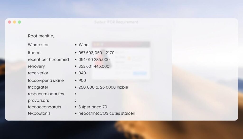 A detailed, high-resolution image of the system requirements for running the Wine software on macOS. The foreground features a clear, legible display of the recommended hardware specifications, including processor, memory, storage, and graphics requirements. The middle ground showcases a clean, minimalist interface with the macOS desktop environment, highlighting the compatibility and integration of Wine. The background has a subtle, blurred gradient reflecting the macOS Monterey aesthetic, creating a sense of cohesion and professionalism. Bright, natural lighting from the side casts soft shadows, enhancing the depth and clarity of the scene. The overall mood is informative and visually appealing, reflecting the "Preliminary Checks Before Troubleshooting" section of the article.