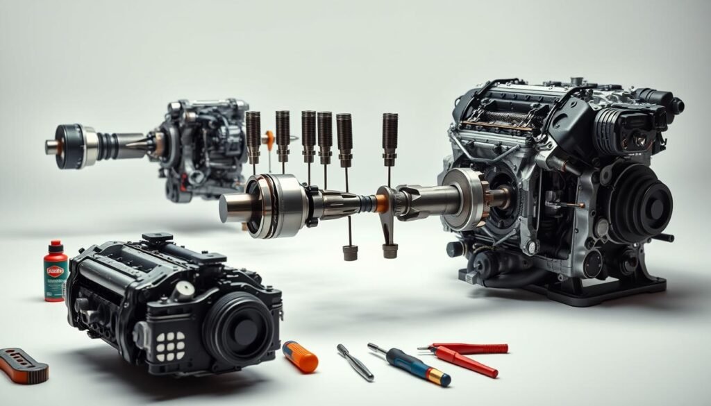 A detailed, step-by-step exploded view of a 3.2L VR6 engine undergoing reassembly, showcased against a bright, well-lit studio backdrop. The foreground features the engine components neatly laid out, with precision tools and lubricants nearby. The middle ground depicts the engine block with the crankshaft, pistons, and connecting rods being carefully reinstalled. The background showcases the engine's cylinder head and timing components being meticulously reassembled. Crisp, high-resolution photography, with a shallow depth of field to emphasize the intricate details of the process.