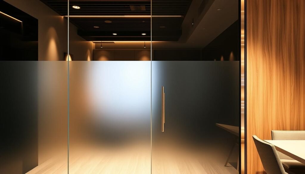 A glass partition in a modern Singapore office, its surface transitioning from transparent to opaque with the flick of a switch. Warm, diffused lighting illuminates the scene, creating a cozy, controlled atmosphere. The glass seamlessly integrates into the sleek, minimalist decor, offering both privacy and the illusion of open space. A polished, brushed metal frame accentuates the elegant, high-tech design. Crisp, high-resolution details capture the clarity and precision of the switchable glass film, showcasing its practical and aesthetic appeal for Singapore's discerning commercial and residential spaces.