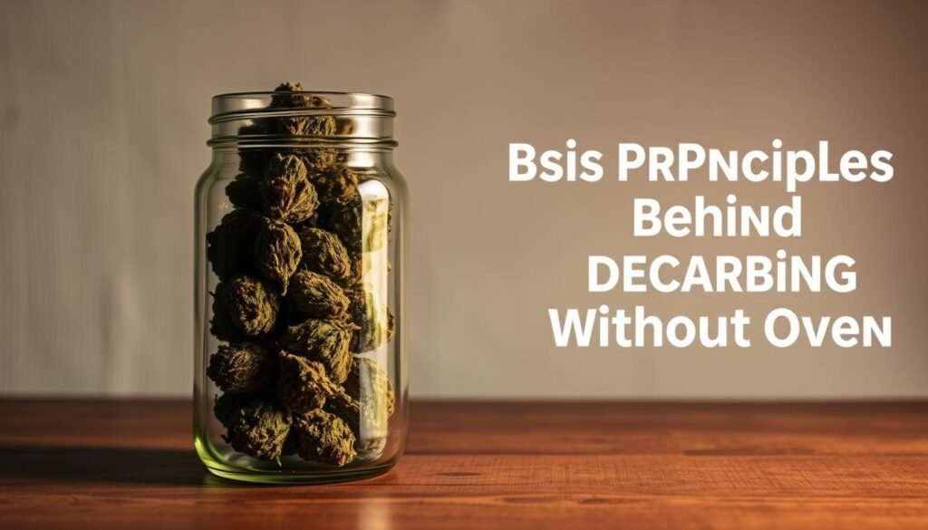 A simple glass jar filled with dried cannabis flowers on a wooden table, illuminated by warm, soft lighting. The jar's contents are clearly visible, showcasing the decarbed product. In the background, a minimalist, neutral-toned environment with subtle textures and shadows, creating a clean, focused composition that highlights the central element. The overall mood is informative and visually appealing, reflecting the "Basic Principles Behind Decarbing Without Oven" subject matter.
