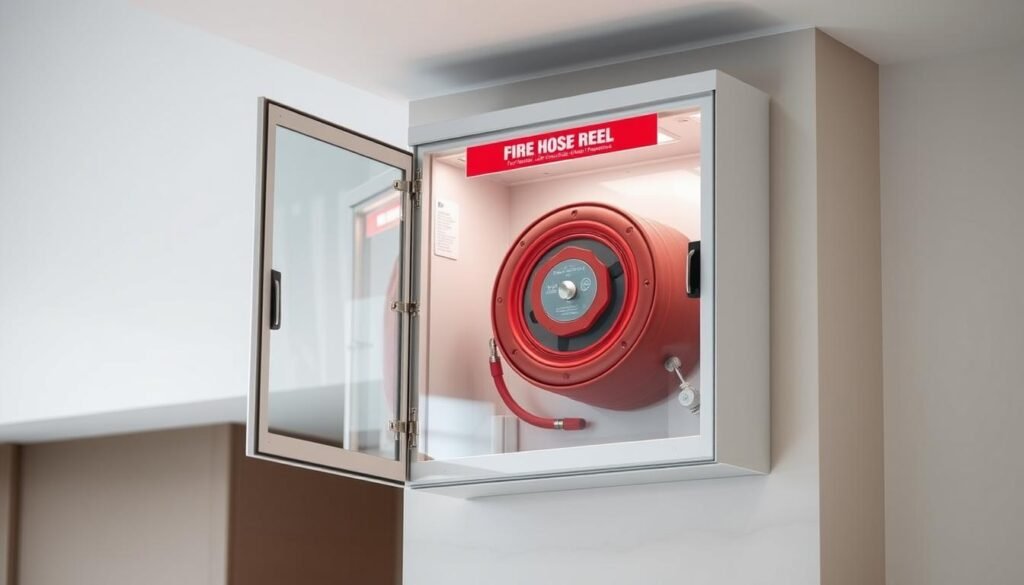 A well-lit, high-resolution image of a modern fire hose reel cabinet installed in a commercial or residential setting in Singapore. The cabinet is made of durable, fire-resistant material, with a clear glass panel allowing the fire hose and reel to be visible. The cabinet is mounted on a wall, with a prominent label or signage indicating its purpose as a fire safety device. The background showcases a clean, contemporary interior with neutral tones, highlighting the cabinet's integration into the overall design. The lighting is soft and natural, creating a sense of safety and reassurance. The angle captures the cabinet's dimensions and accessibility, emphasizing its importance in the overall fire safety system.